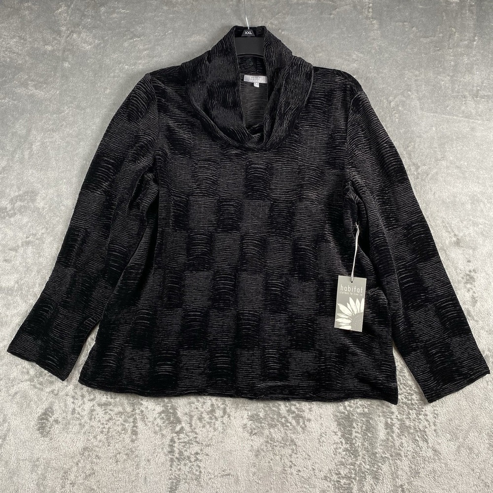 Habitat Top Womens Sz M Black Crinkle Velvet Easy Cowl Tunic Lagenlook Artsy NWT